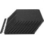 stack of black interlocking VEVOR gym floor mats with speckled design, and an edge piece.