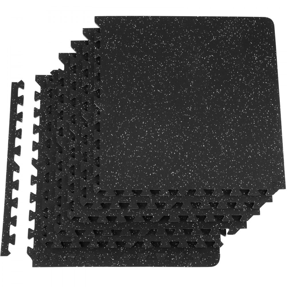 interlocking black VEVOR gym floor mats with speckled white detail, stacked neatly.