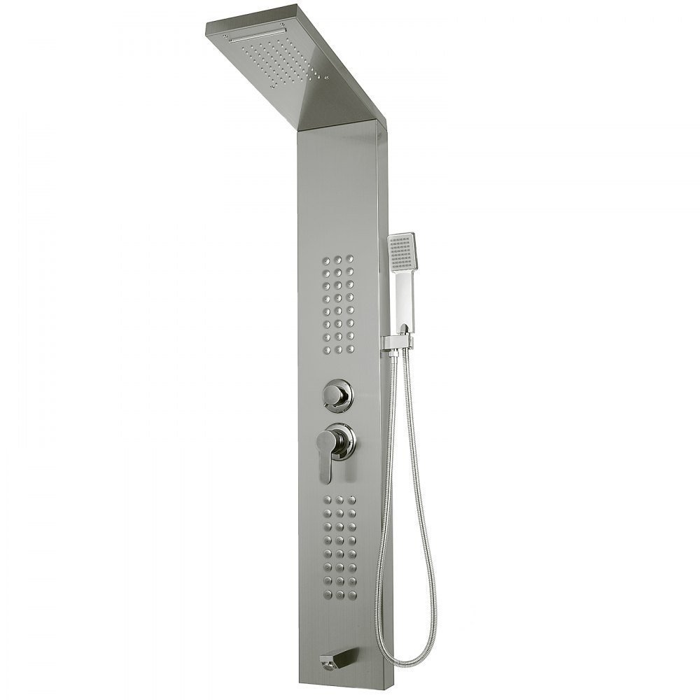VEVOR 5 in1 Shower Panel Tower System Brushed Silver Stainless Steel Multi-Function Shower Panel with Spout Rainfall Waterfall Massage Jets Tub Spout Hand Shower for Home Hotel Resort Split Type