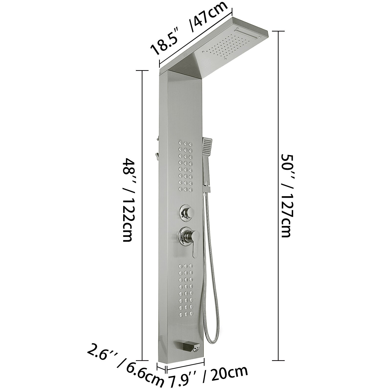 VEVOR 5 in1 Shower Panel Tower System Brushed Silver Stainless Steel Multi-Function Shower Panel with Spout Rainfall Waterfall Massage Jets Tub Spout Hand Shower for Home Hotel Resort Split Type