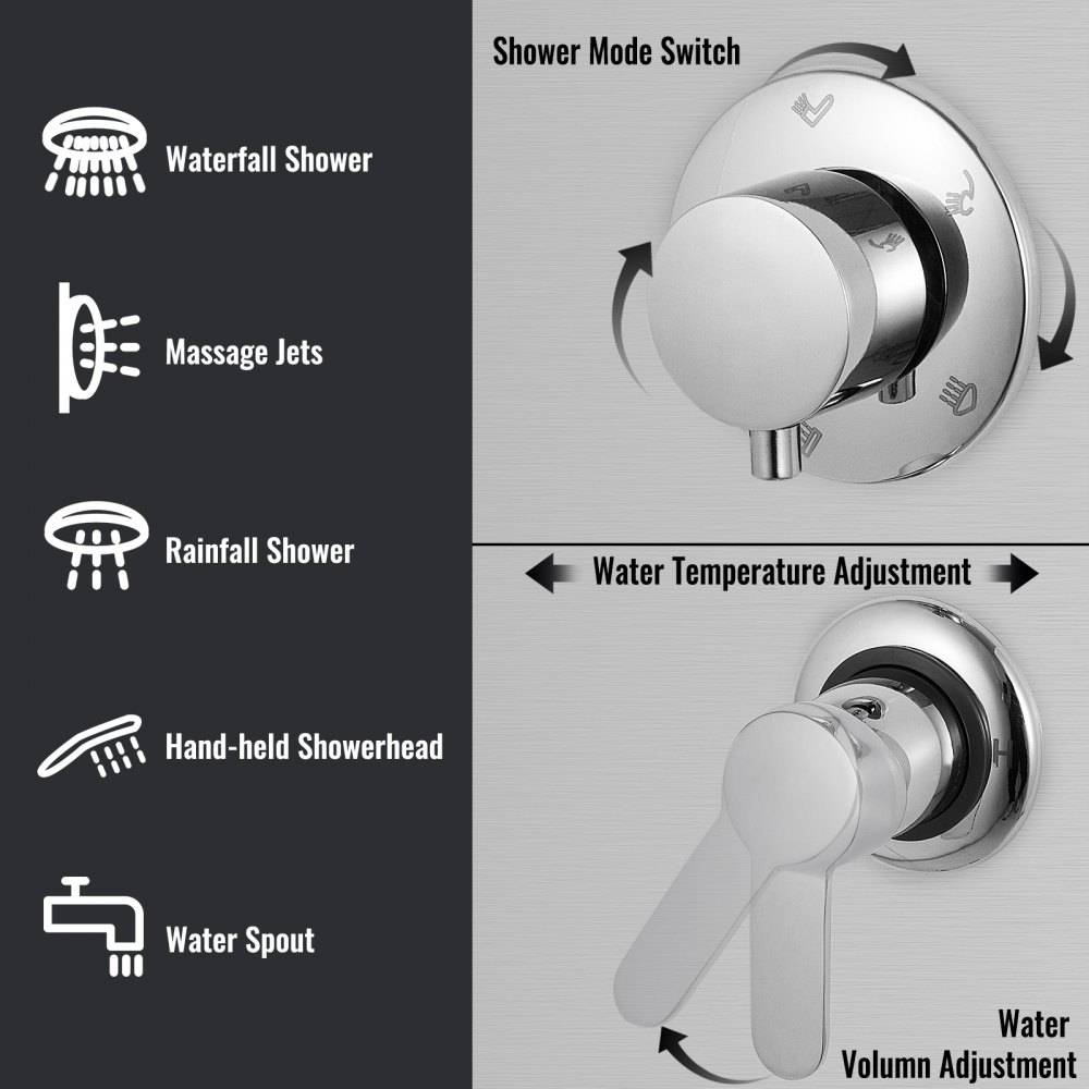 5 In 1 Shower Column Tower Panel With Twin Heads Reinforced Waterfall Bathroom