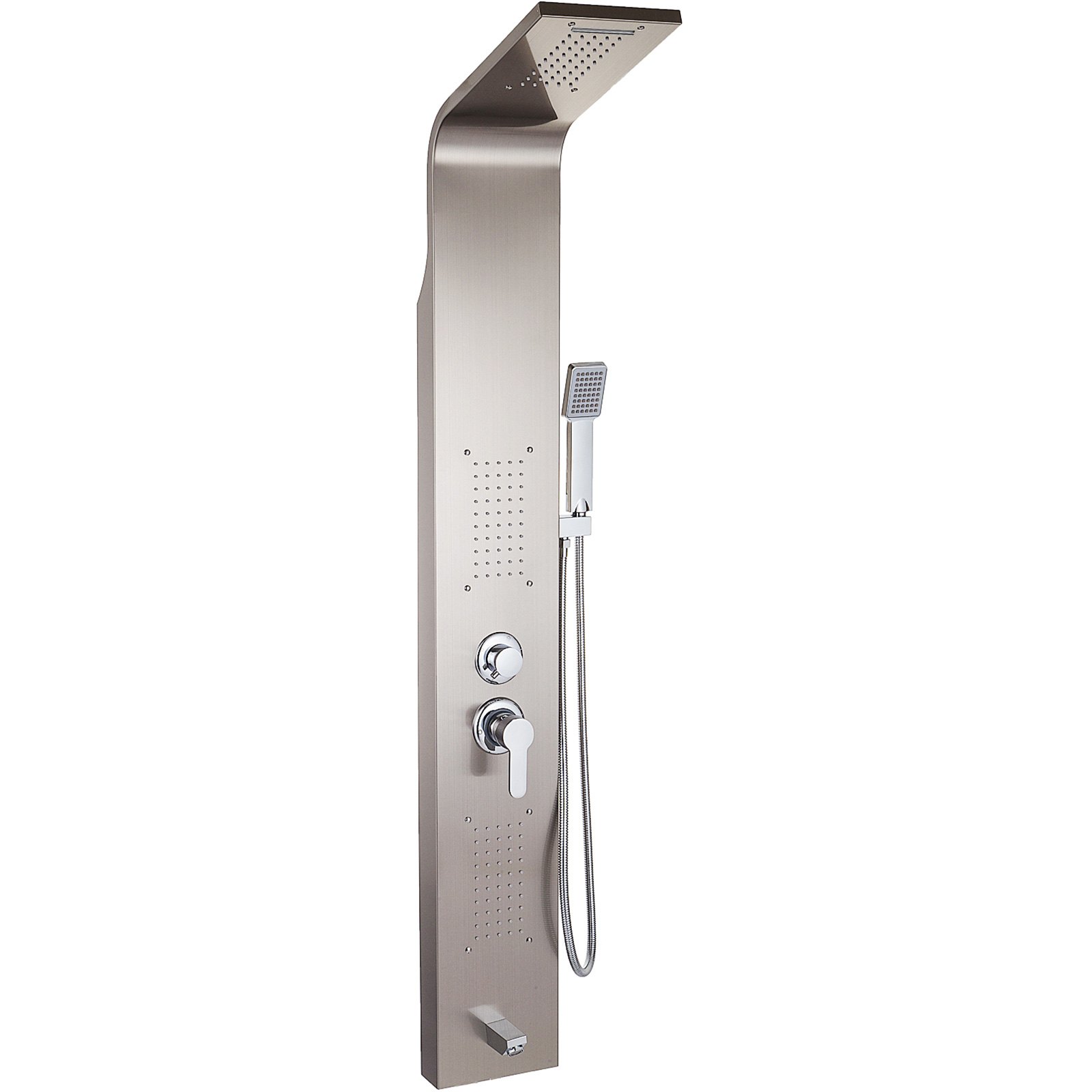 VEVOR Sistema de torre de panel 5 en 1 de acero inoxidable, multifunción, cascada, chorros de masaje, boquilla para bañera, ducha de mano para el hogar, hotel, resort, unitario, plata cepillada