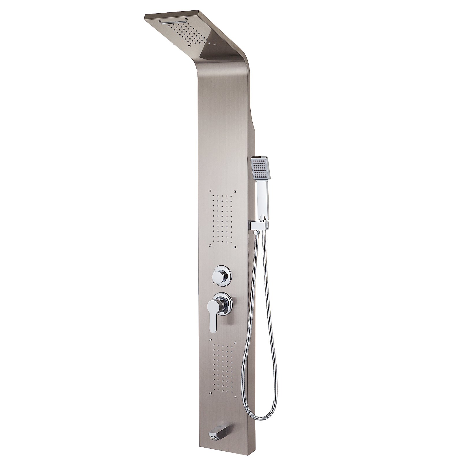 VEVOR Sistema de torre de panel 5 en 1 de acero inoxidable, multifunción, cascada, chorros de masaje, boquilla para bañera, ducha de mano para el hogar, hotel, resort, unitario, plata cepillada