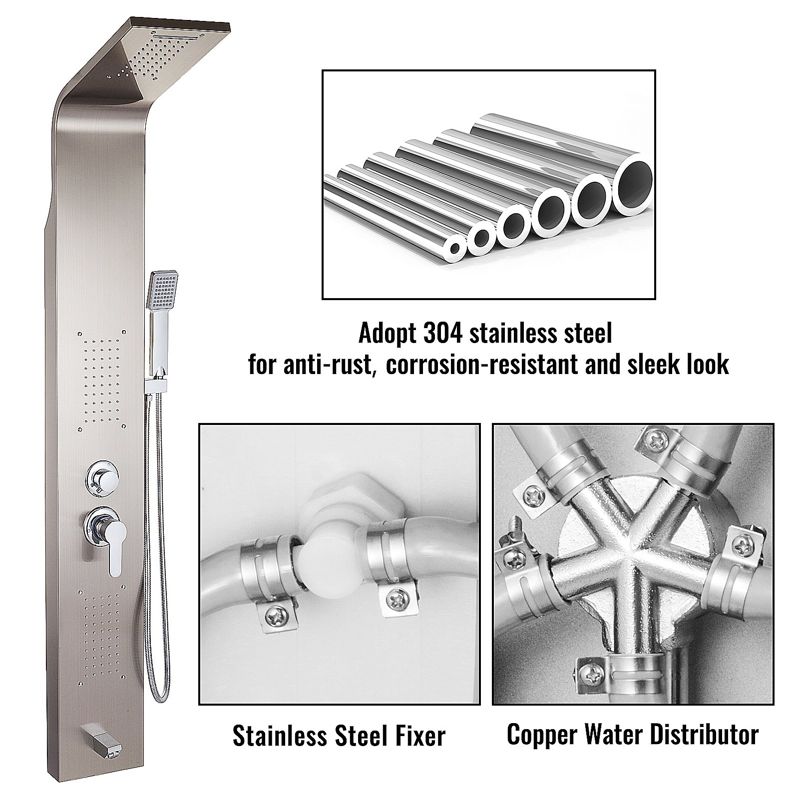 VEVOR Sistema de torre de panel 5 en 1 de acero inoxidable, multifunción, cascada, chorros de masaje, boquilla para bañera, ducha de mano para el hogar, hotel, resort, unitario, plata cepillada