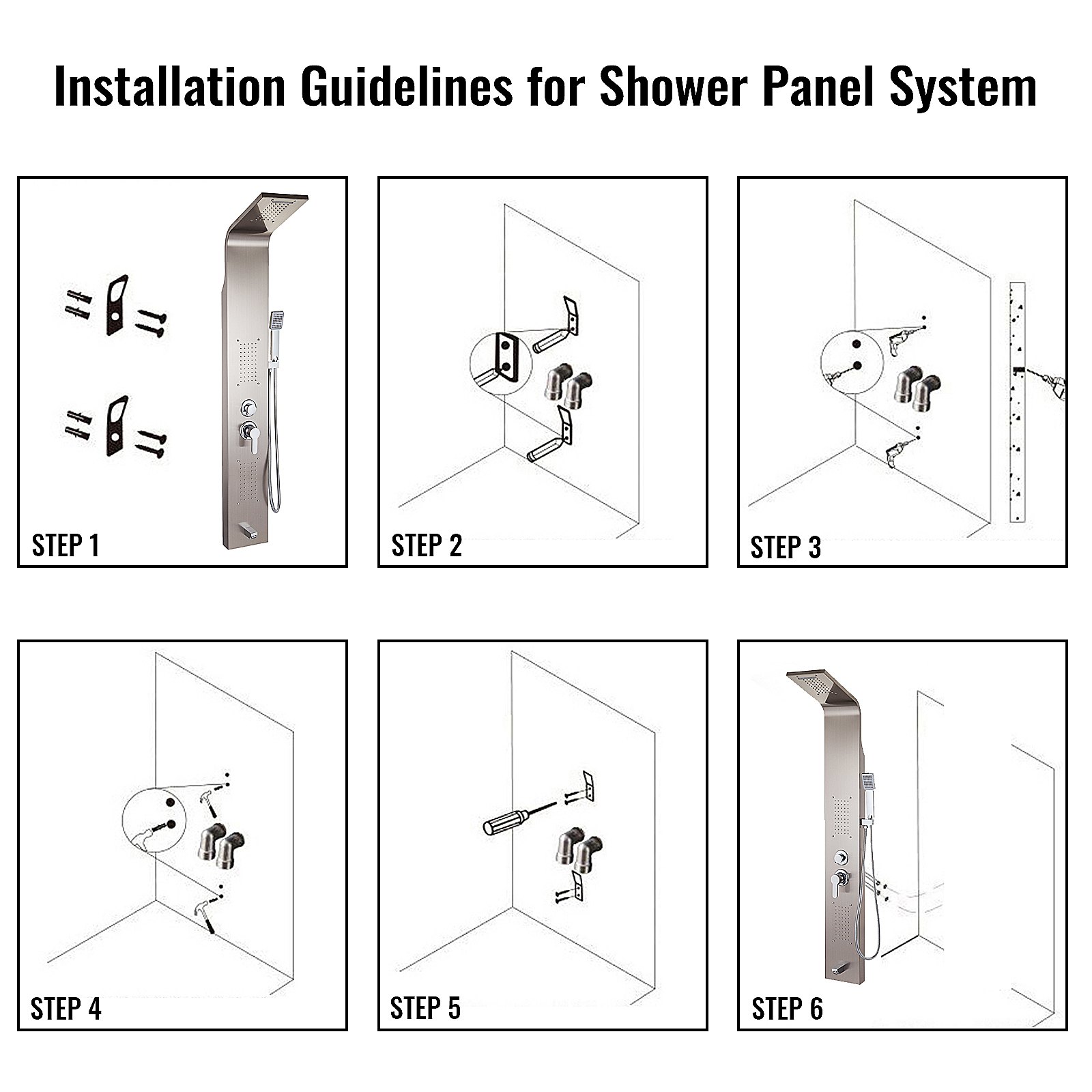 VEVOR Sistema de torre de panel 5 en 1 de acero inoxidable, multifunción, cascada, chorros de masaje, boquilla para bañera, ducha de mano para el hogar, hotel, resort, unitario, plata cepillada