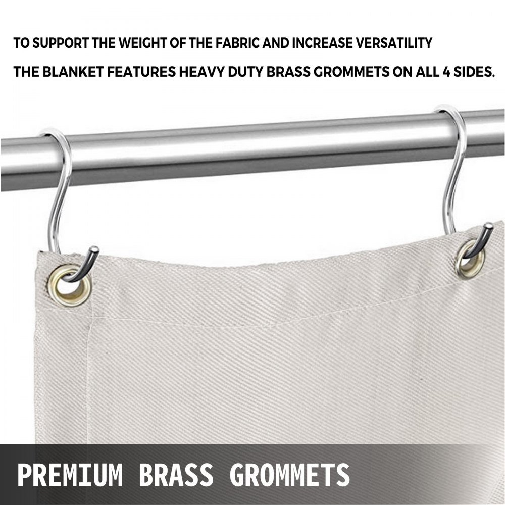VEVOR welding blanket with heavy-duty brass grommets hanging on a rod.