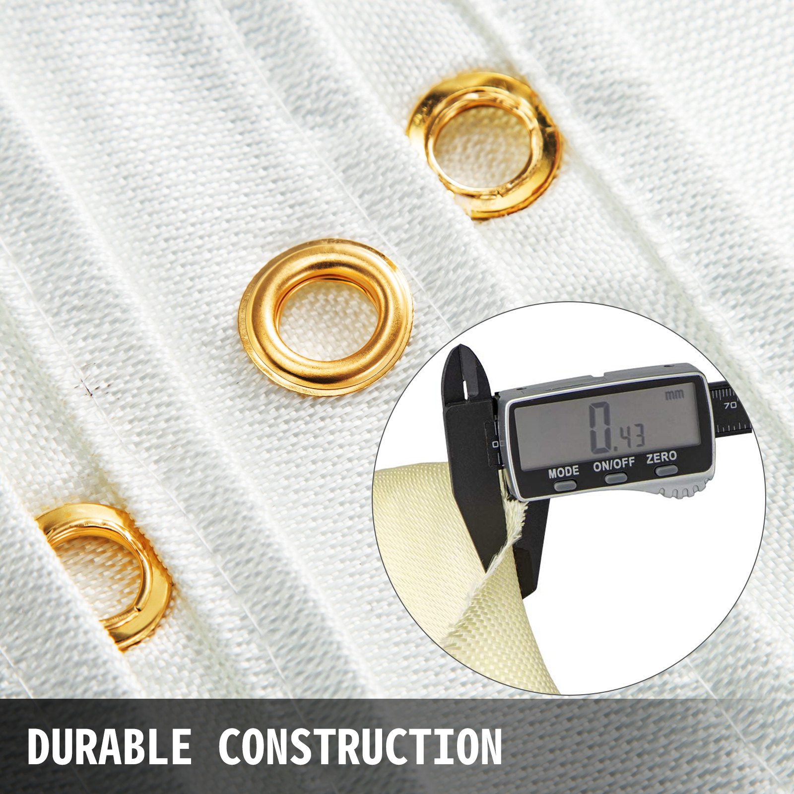 close-up of VEVOR welding blanket with gold grommets and thickness measurement. durable construction.