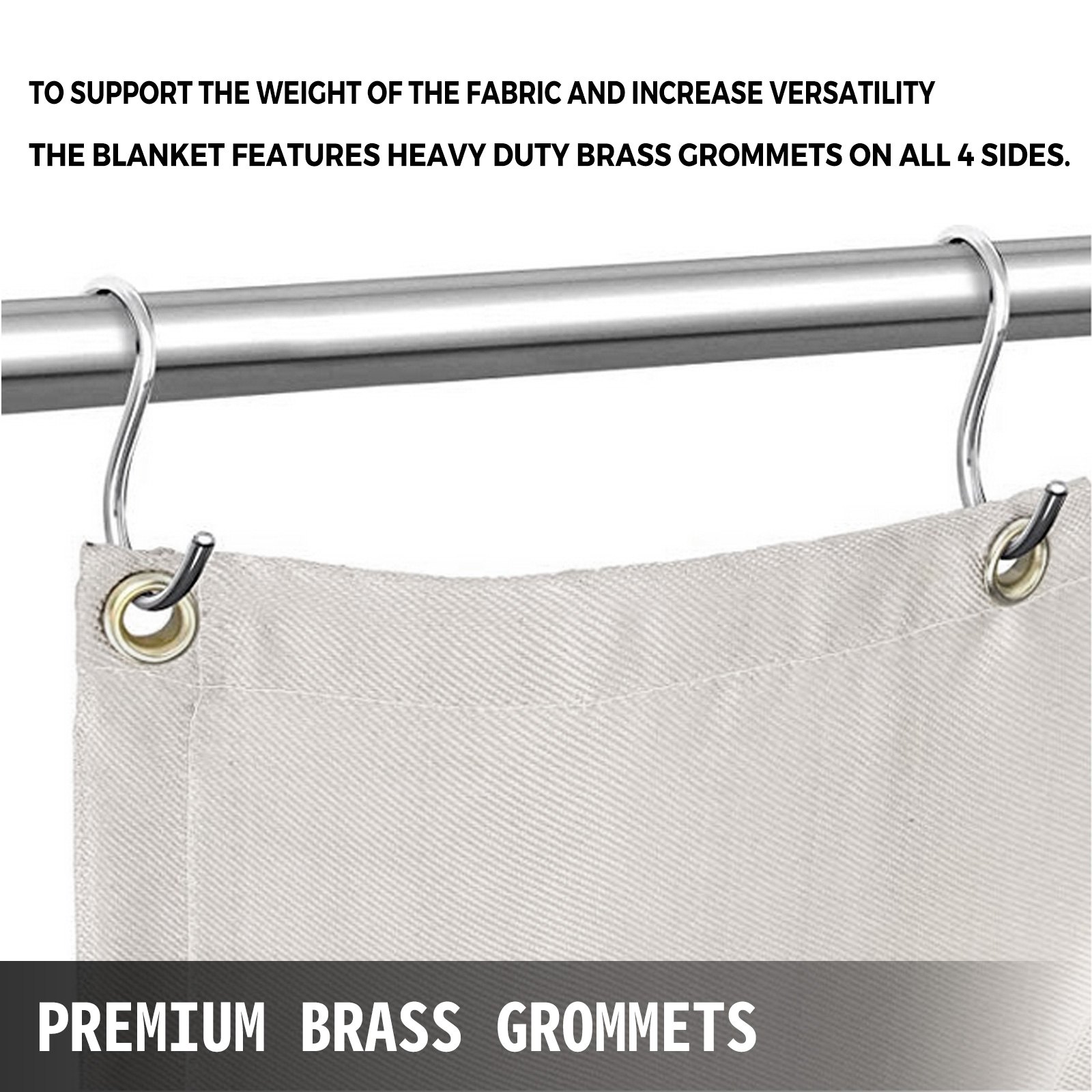 VEVOR welding blanket with heavy-duty brass grommets hanging on a rod.
