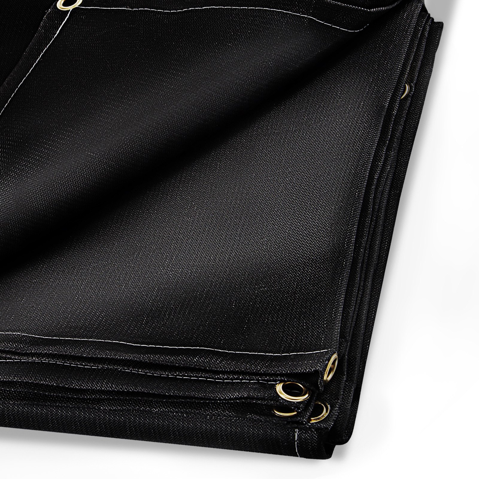 black VEVOR welding blanket with brass grommets and reinforced white stitching.