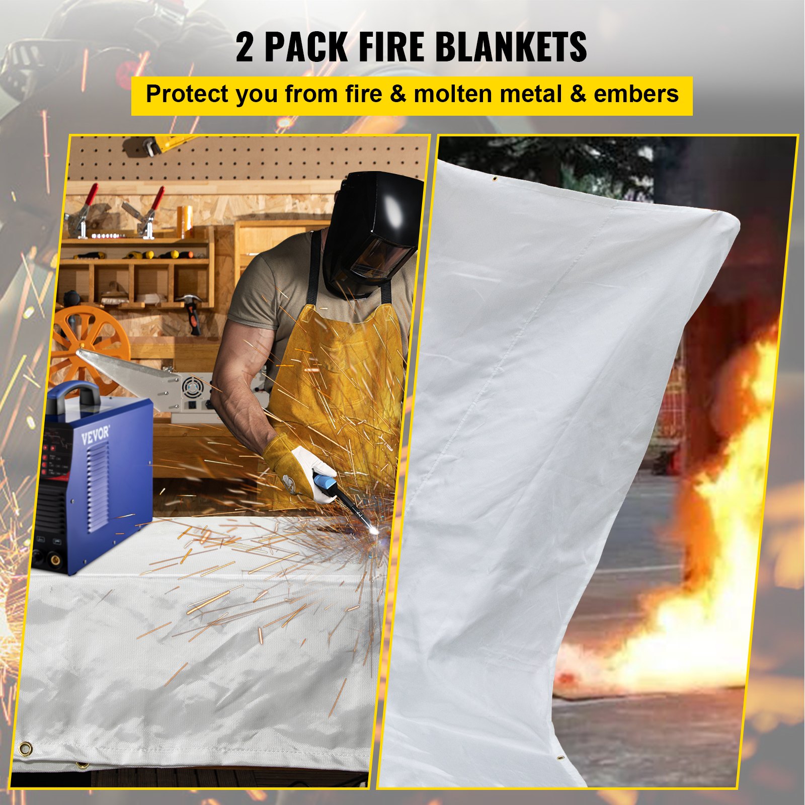 VEVOR Fire Blankets, 2 Pack Welding Blankets, 6\' x 10\' Fire Suppression Blanket, 1022 °F Flame Retardant Blanket, White Fire Emergency Blankets, Fiberglass Fire Retardant Blanket with 8 Brass Gromme