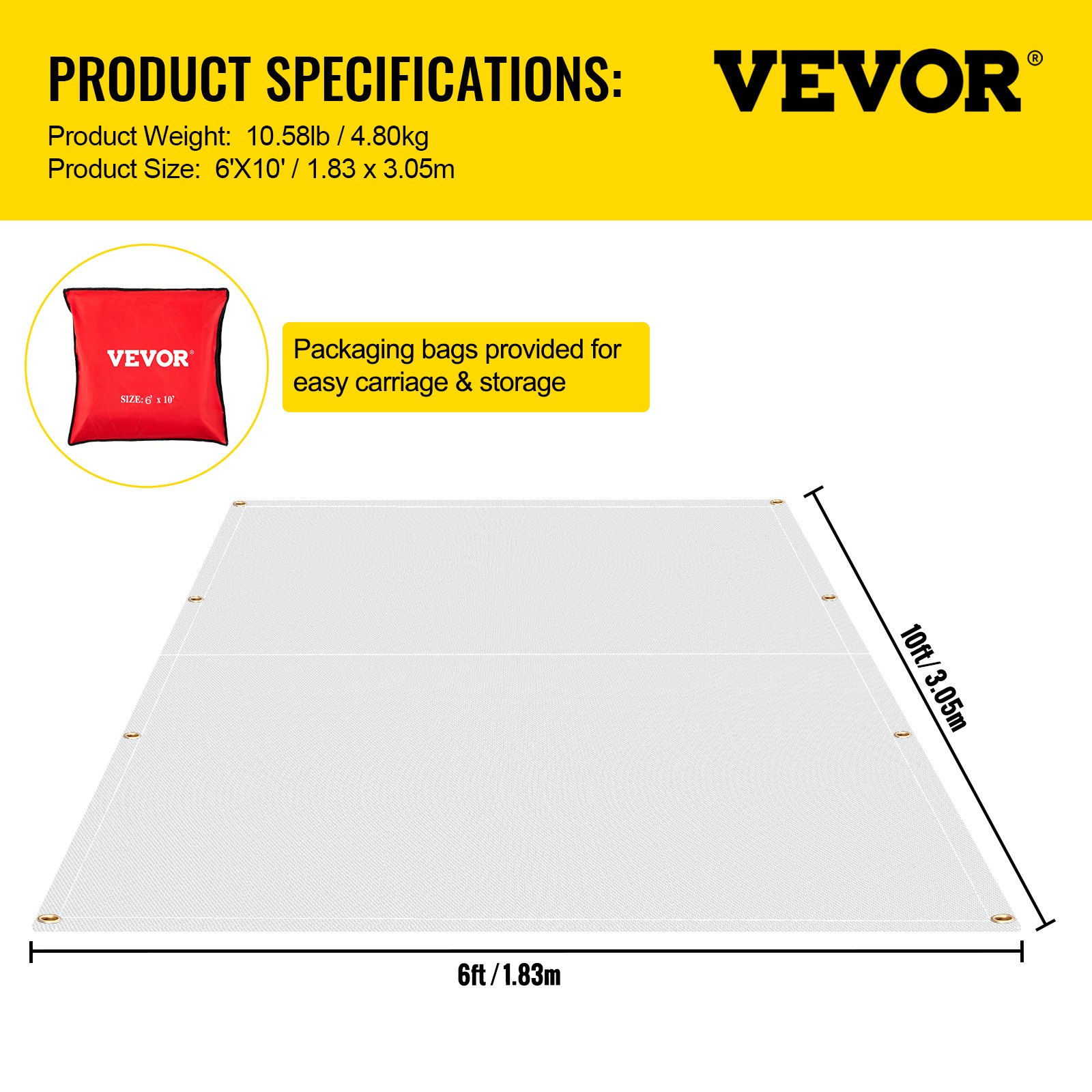 VEVOR Fire Blankets, 2 Pack Welding Blankets, 6\' x 10\' Fire Suppression Blanket, 1022 °F Flame Retardant Blanket, White Fire Emergency Blankets, Fiberglass Fire Retardant Blanket with 8 Brass Gromme