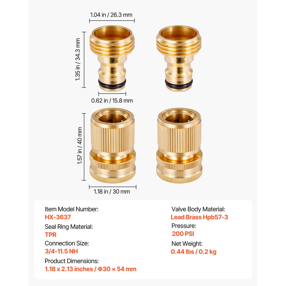 VEVOR - Conector rápido para manguera de jardín (macho y hembra de 3/4 de pulgada, 200 PSI, latón macizo, resistente), 2 juegos, antifugas, con juntas