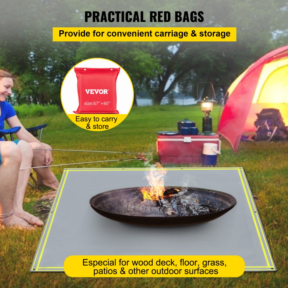 VEVOR Fire Blanket, 67" x 60" Fiberglass Welding Blanket, 3.3 lbs Fireproof Blanket, 1022 °F Fire Retardant Blanket, Gray Emergency Fire Blanket with 10 Stainless-Steel Grommets and 6 Silver Hooks