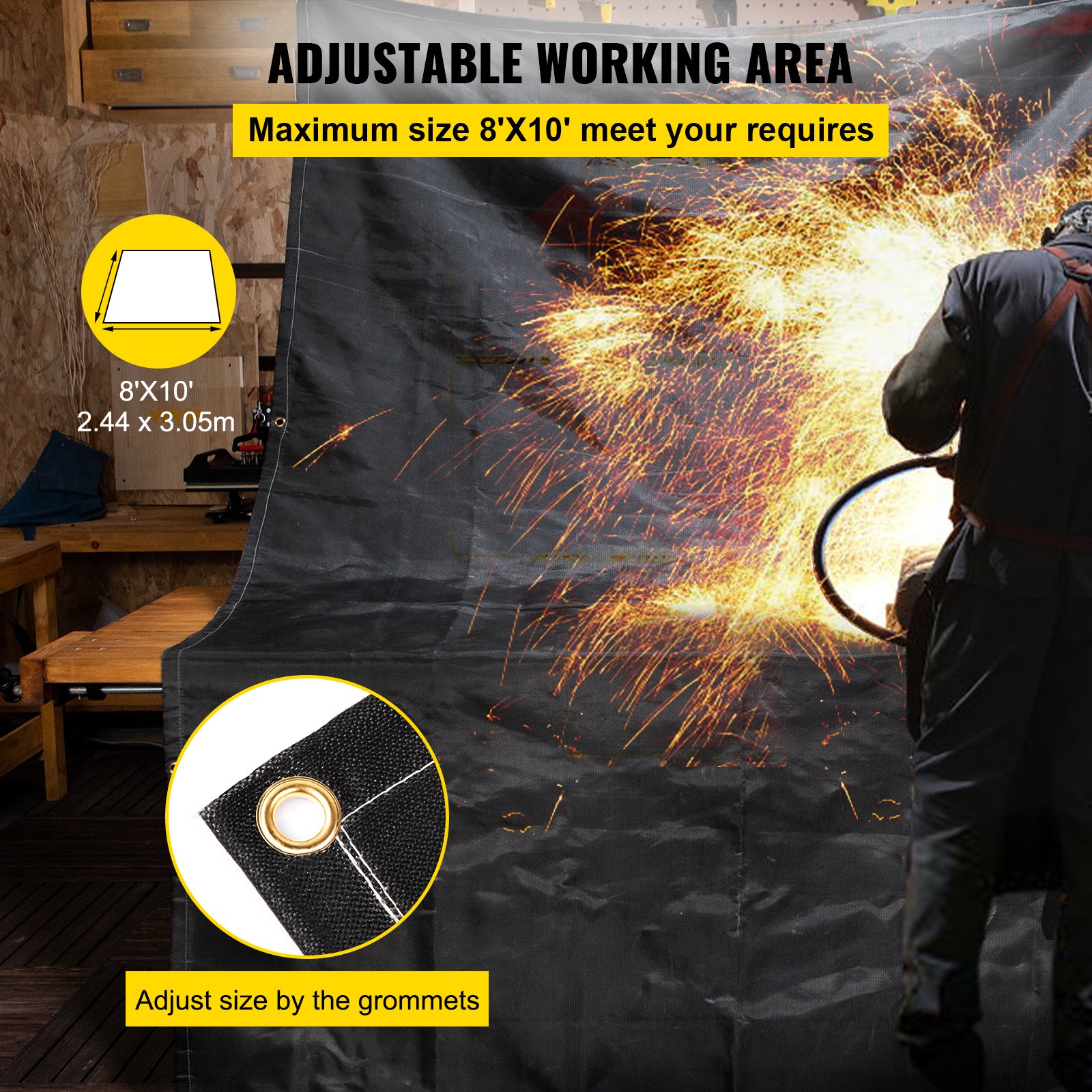 VEVOR Fire Blankets, 2 Pack Welding Blankets, 2.44 x 3.05 m Fire Suppression Blanket, 550°C Flame Retardant Blanket, Black Fire Emergency Blankets, Fiberglass Fire Retardant Blanket with 12 Brass Grommets