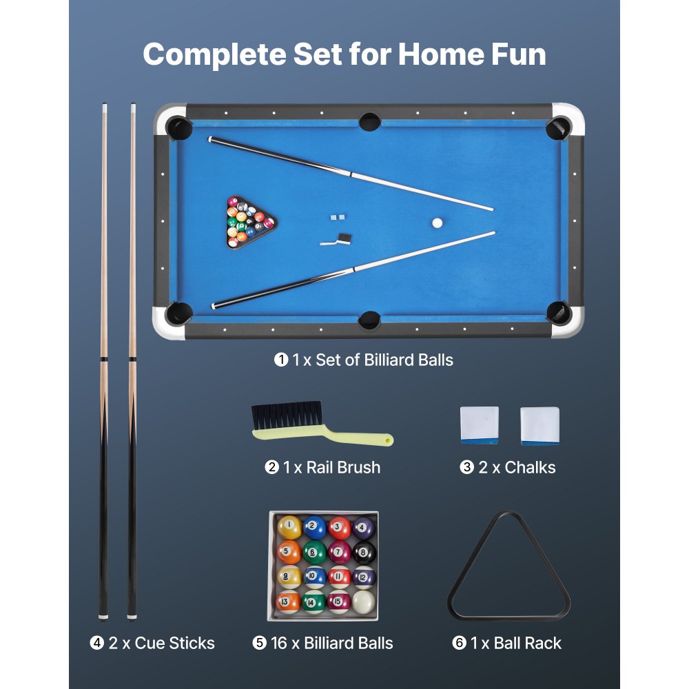 VEVOR Pool Table, 213cm Portable Billiards Tables, Adjustable Feet Stable Game Table, Entertainment Set Includes Ball, Cue, Rack, Chalk and Brush, Black with Bule Cloth, for Family Use Recreation Room