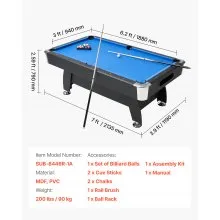 7 ft Billiards Table Portable Pool Tables Game Set Bule Cloth Adjustable Feet
