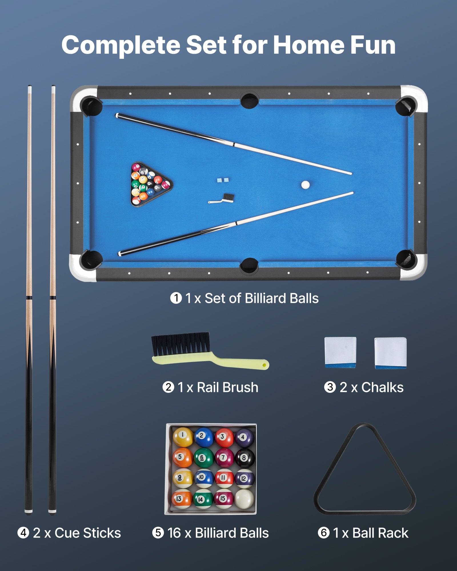 VEVOR Pool Table, 213cm Portable Billiards Tables, Adjustable Feet Stable Game Table, Entertainment Set Includes Ball, Cue, Rack, Chalk and Brush, Black with Bule Cloth, for Family Use Recreation Room