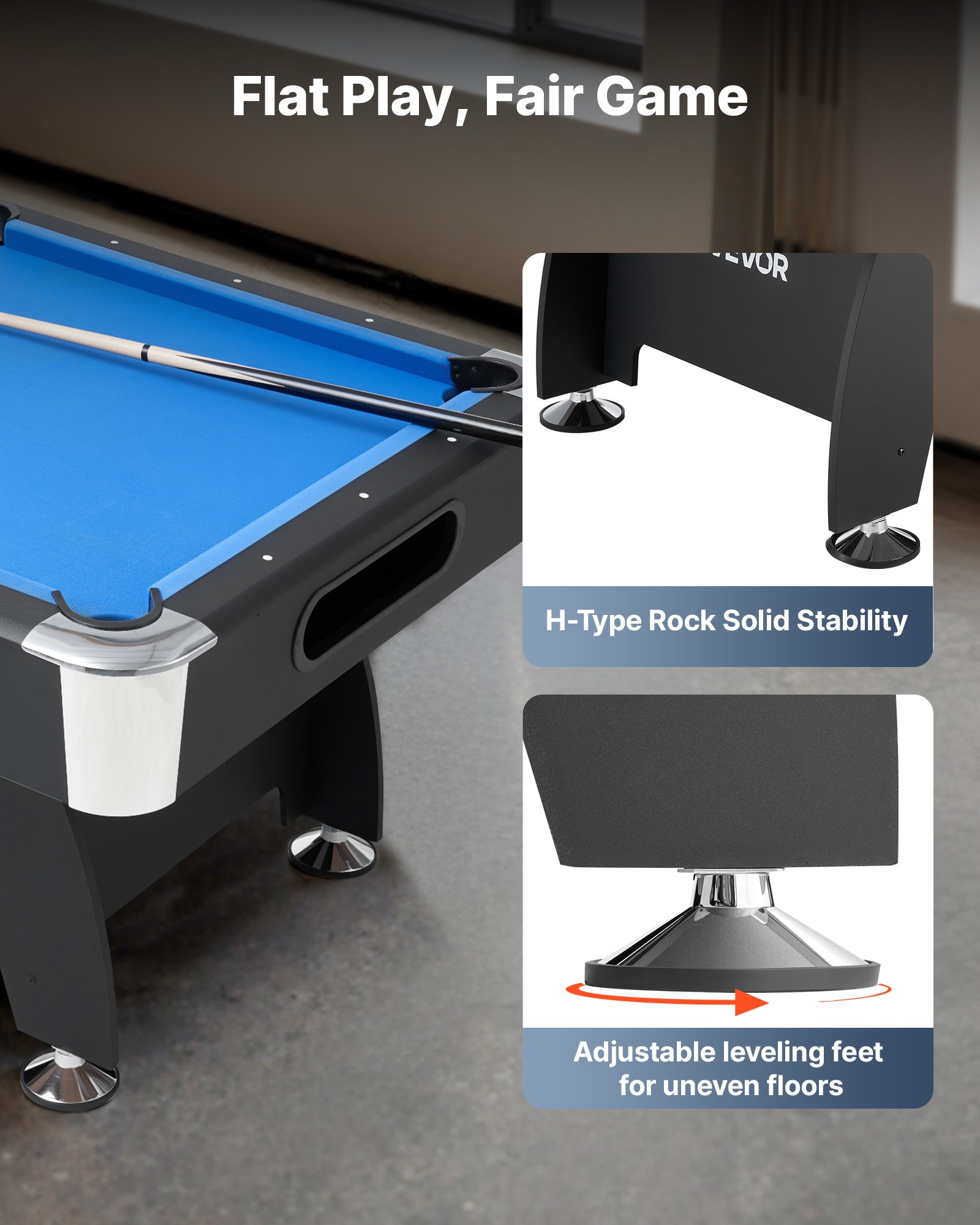 VEVOR Pool Table, 213cm Portable Billiards Tables, Adjustable Feet Stable Game Table, Entertainment Set Includes Ball, Cue, Rack, Chalk and Brush, Black with Bule Cloth, for Family Use Recreation Room
