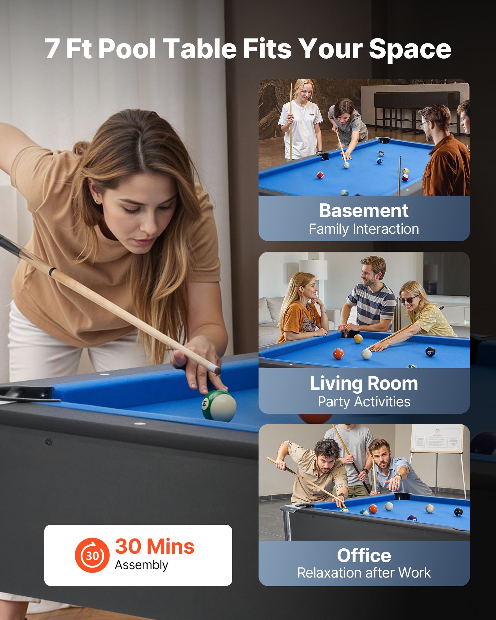 VEVOR Pool Table, 213cm Portable Billiards Tables, Adjustable Feet Stable Game Table, Entertainment Set Includes Ball, Cue, Rack, Chalk and Brush, Black with Bule Cloth, for Family Use Recreation Room