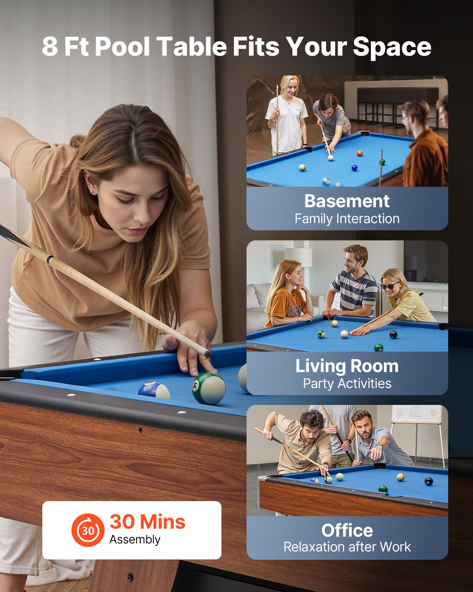 VEVOR Pool Table, 244cm Portable Billiards Tables with Wood Finish, Modern Adjustable Feet Game Table, Full Set Includes Balls, Cues, Rack, Chalk and Brush, Blue Cloth, for Family Use, Recreation Room