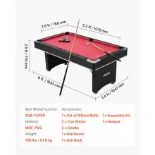6 ft Billiards Table Portable Pool Tables Game Set Bule Cloth Adjustable Feet