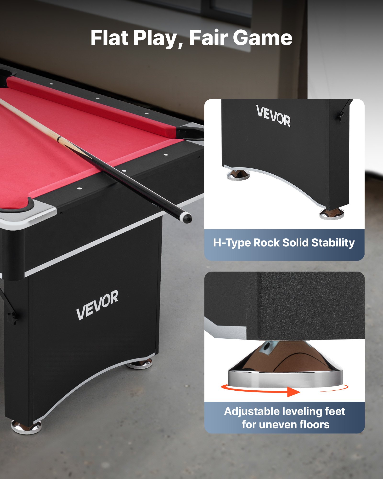 VEVOR Pool Table, 183cm Portable Billiards Tables, Adjustable Feet Stable Game Table, Entertainment Set Includes Ball, Cue, Rack, Chalk and Brush, Black with Red Cloth, for Family Use, Recreation Room