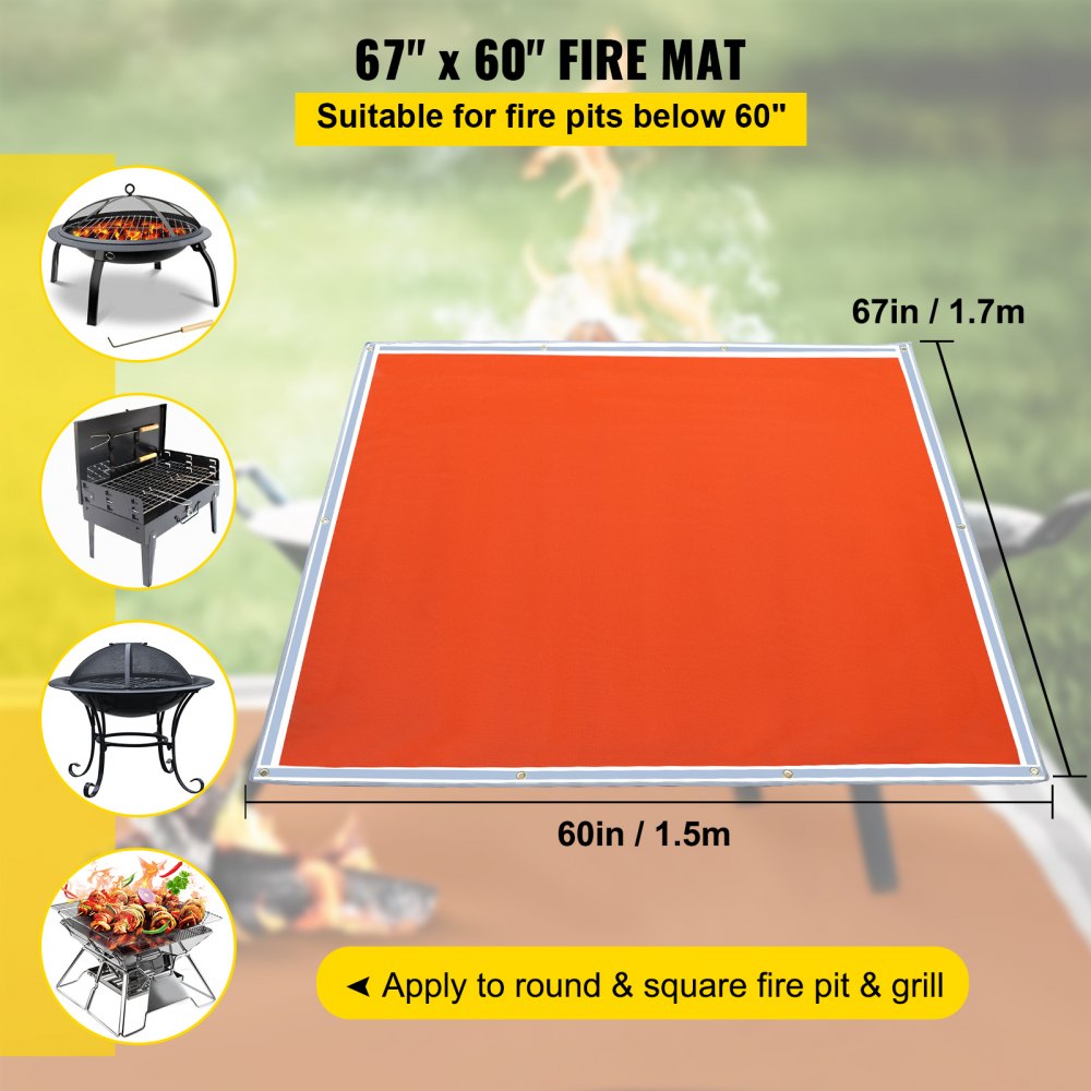 VEVOR Fire Pit Mat, 67" x 60" Fire Blanket, Fiberglass Welding Blanket, 3.3 lbs Fireproof Blanket, 1022°F Fire Retardant Blanket, Rust Iron Red Emergency Fire Blanket w/ 10 Grommets & 6 Silver Hooks