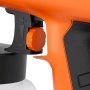 Pulverizador de pintura VEVOR naranja y negro en primer plano, que muestra la perilla de ajuste y parte del recipiente blanco.