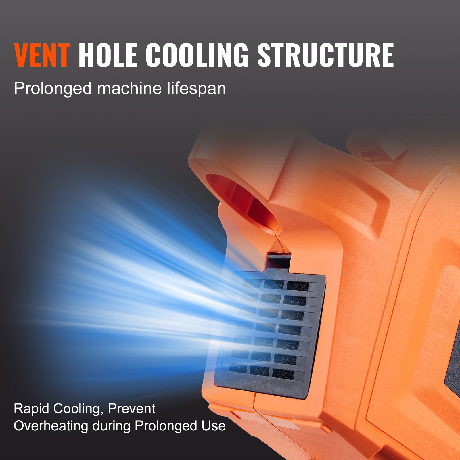Primer plano del pulverizador de pintura VEVOR naranja que muestra la estructura de enfriamiento del orificio de ventilación para un uso prolongado.