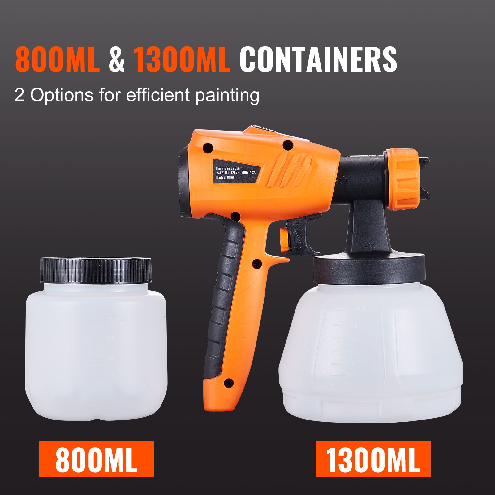 Pulverizador de pintura VEVOR con contenedores de 800 ml y 1300 ml para una pintura eficiente.