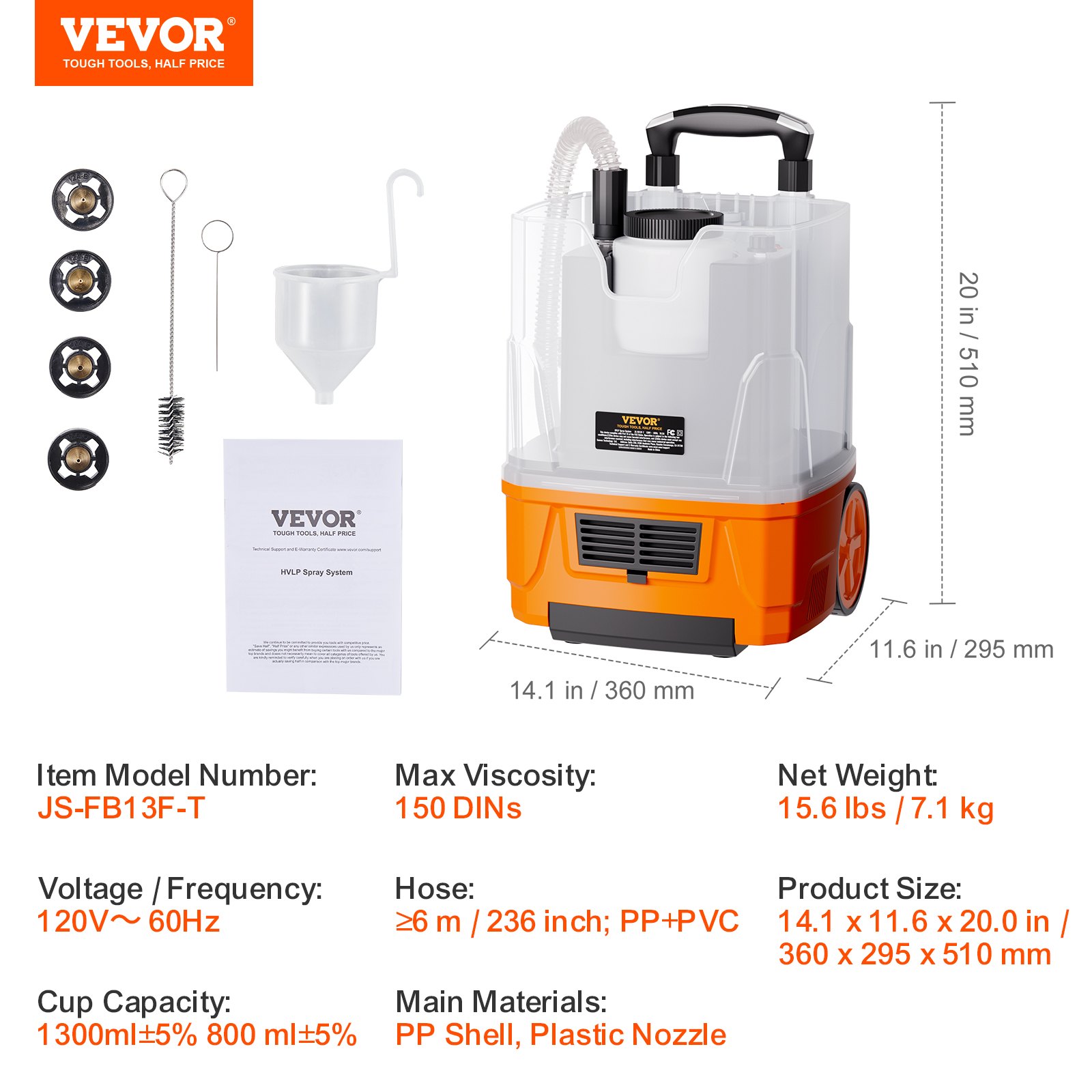 Pulverizador de pintura VEVOR con accesorios, dimensiones del producto y especificaciones resaltadas en la imagen.