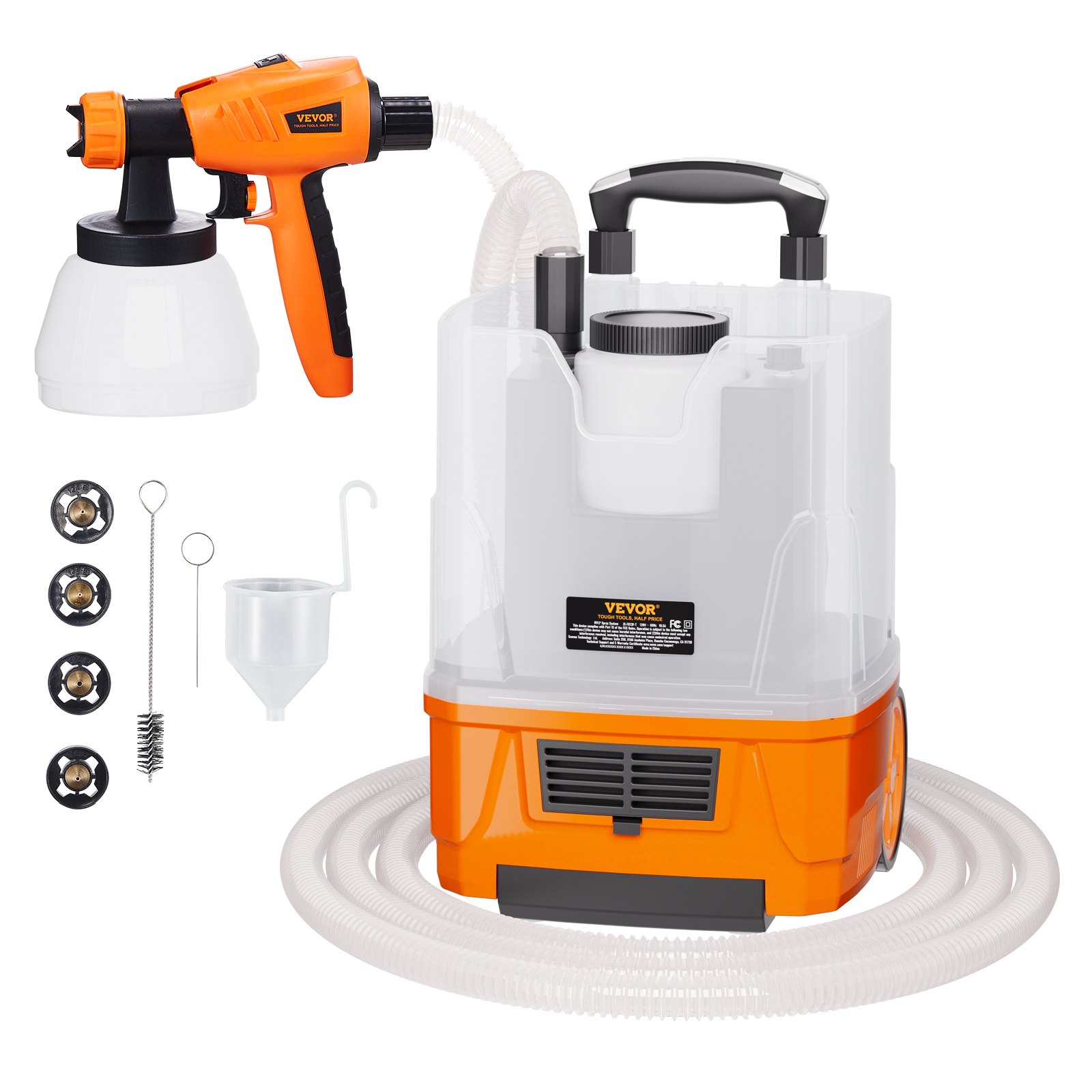 Pulverizador de pintura VEVOR con accesorios, naranja y negro, incluye pistola pulverizadora, manguera y varias boquillas.