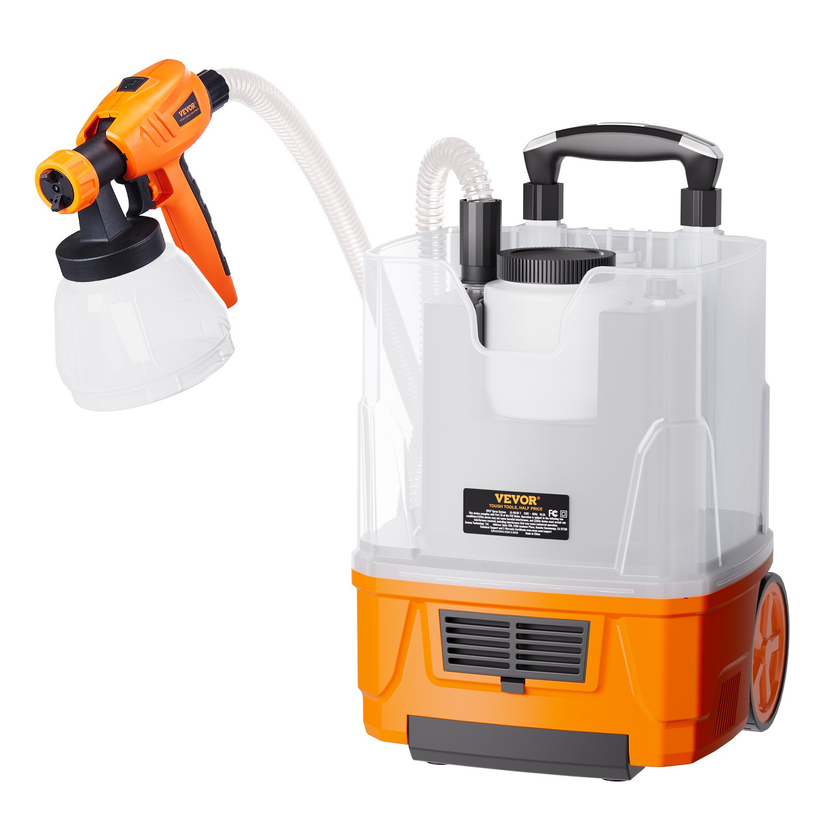 Pulverizador de pintura VEVOR con mango naranja, recipiente blanco y accesorio de manguera negro sobre ruedas.