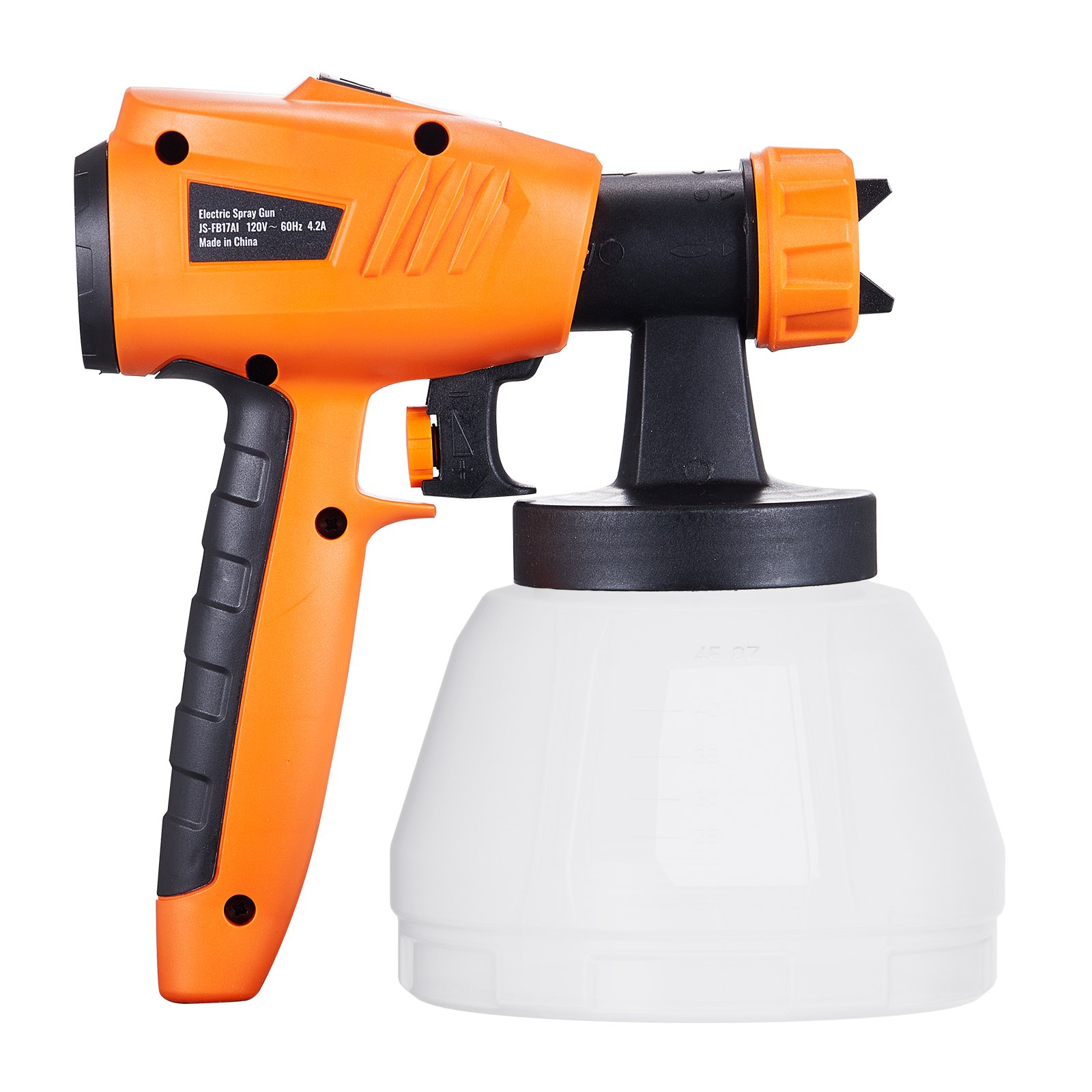 Pulverizador de pintura VEVOR naranja y negro con recipiente blanco y mango ergonómico.