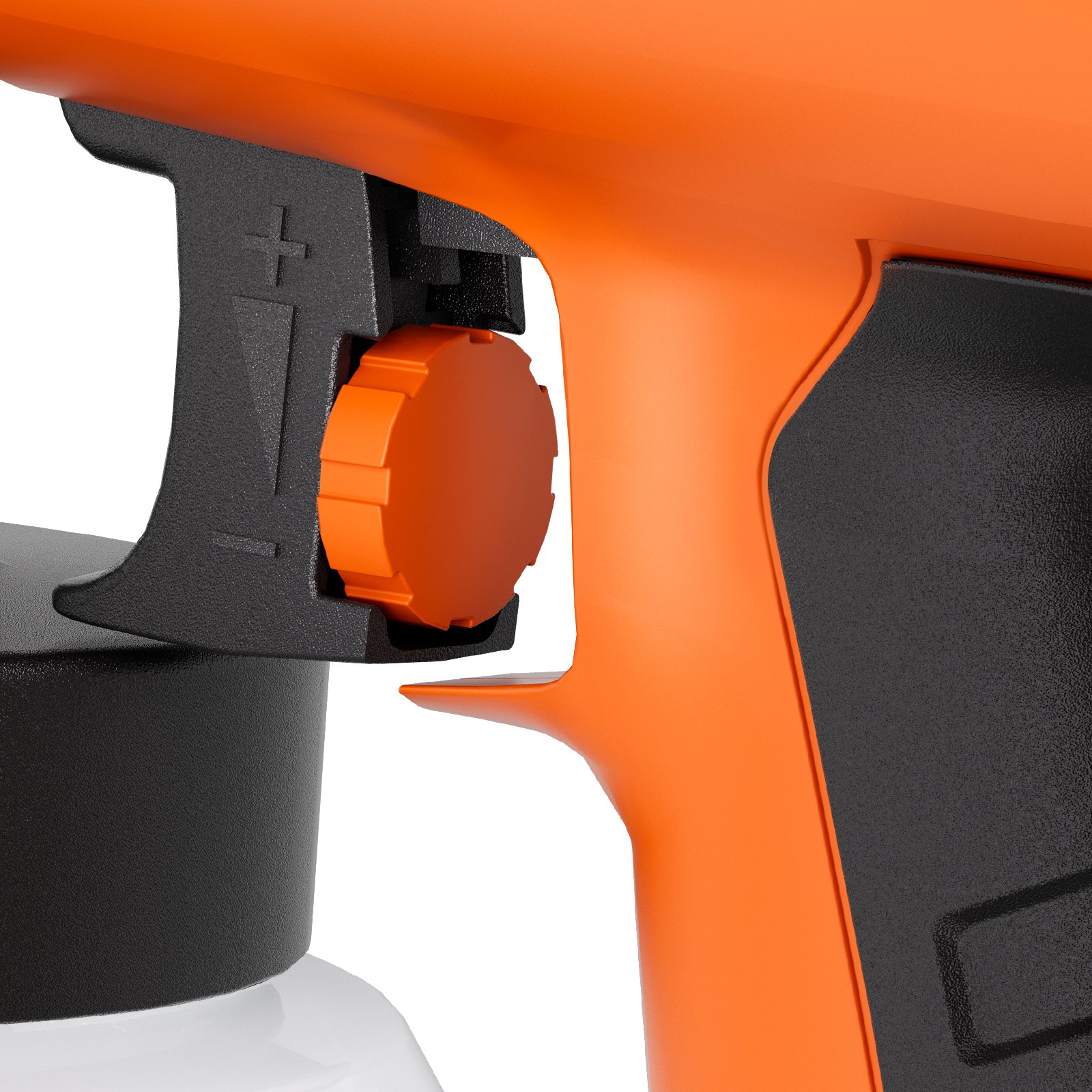 Pulverizador de pintura VEVOR naranja y negro en primer plano, que muestra la perilla de ajuste y parte del recipiente blanco.