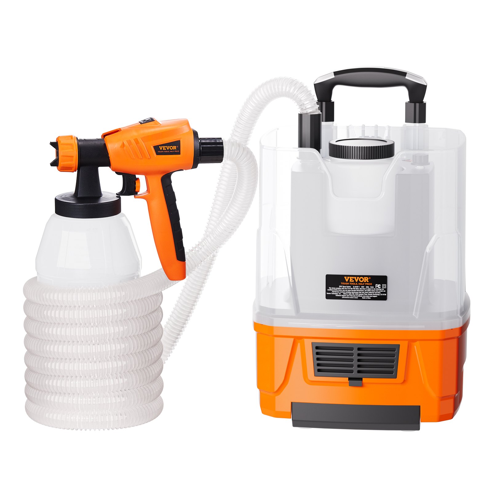 Pulverizador de pintura VEVOR con mango naranja y negro, recipiente blanco y manguera flexible.