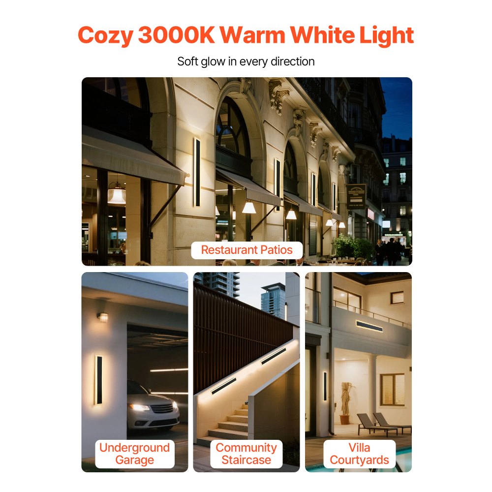 VEVOR Outdoor Wall Light, 600 mm, Long Strip Modern Exterior Wall Sconce Light Fixtures, 3000K Warm White, IP65 Waterproof, Anti-Rust Outside Patio Wall Mount Lighting, for House, Porch, Garage