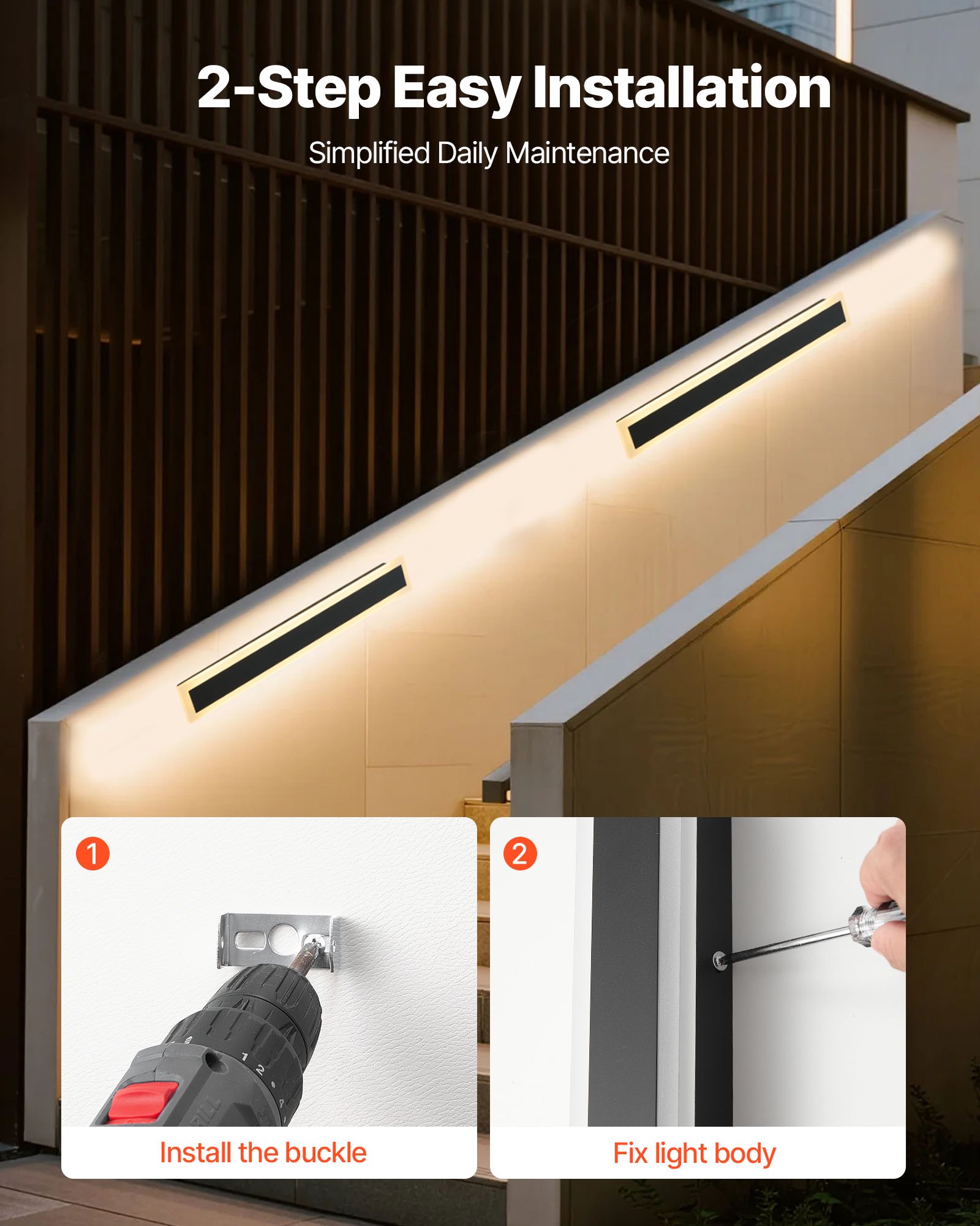 VEVOR Outdoor Wall Light, 600 mm, Long Strip Modern Exterior Wall Sconce Light Fixtures, 3000K Warm White, IP65 Waterproof, Anti-Rust Outside Patio Wall Mount Lighting, for House, Porch, Garage