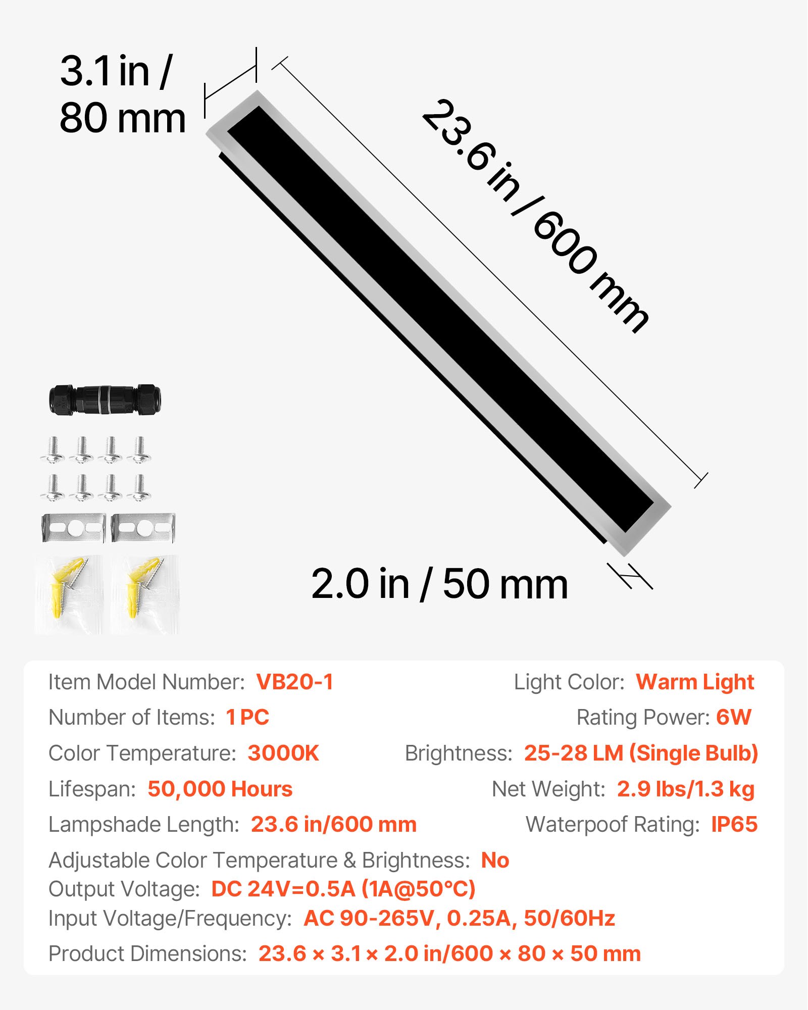 VEVOR Outdoor Wall Light, 600 mm, Long Strip Modern Exterior Wall Sconce Light Fixtures, 3000K Warm White, IP65 Waterproof, Anti-Rust Outside Patio Wall Mount Lighting, for House, Porch, Garage