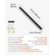 VEVOR Outdoor Wall Lights, 2 Pack, 31.5 Inch Long Strip Modern Exterior Wall Sconce Light Fixtures, 3000K Warm White, IP65 Waterproof Anti-Rust Outside Wall Mount Lighting, for House, Porch, Garage