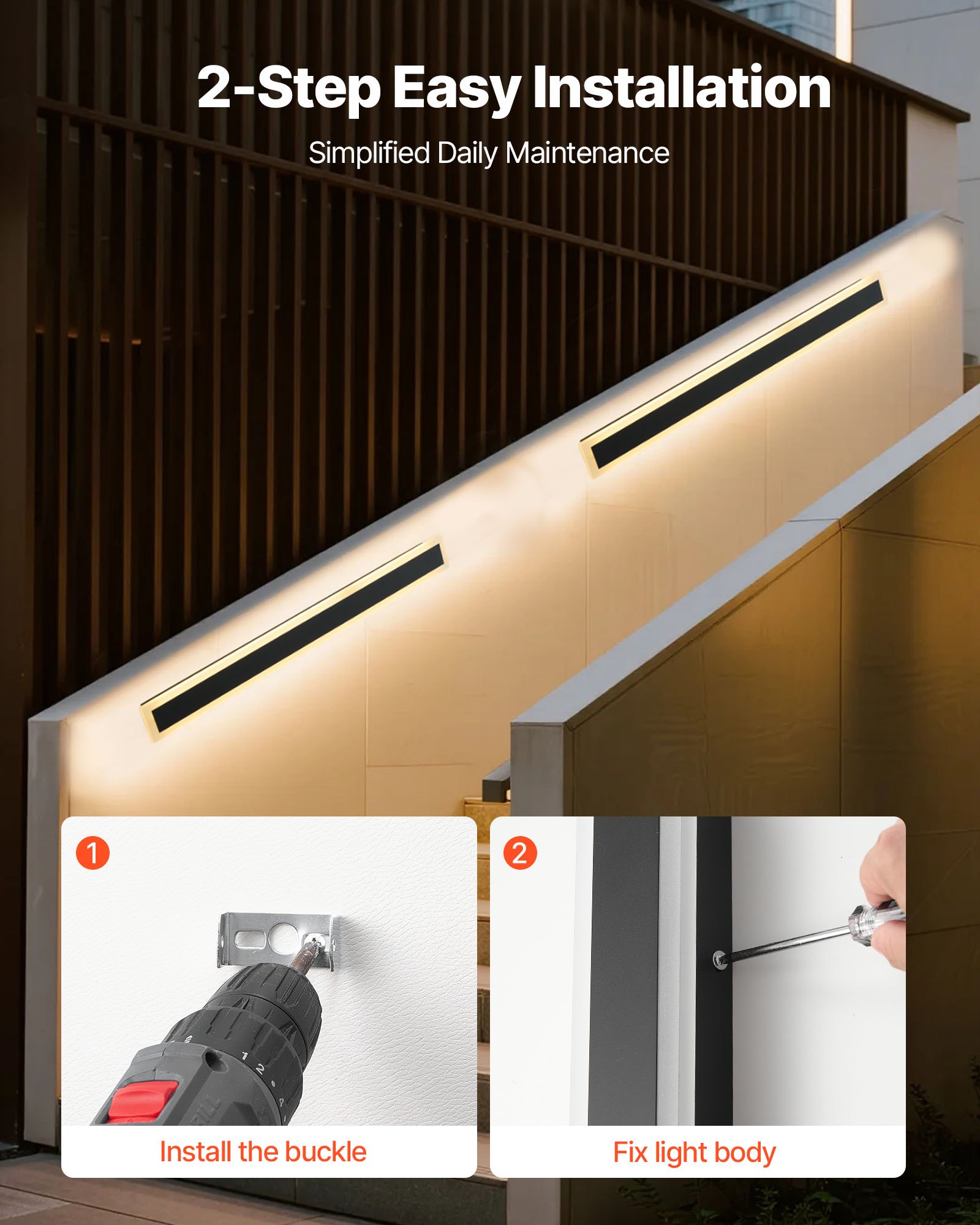VEVOR Outdoor Wall Lights, 2 Pack, 800 mm Long Strip Modern Exterior Wall Sconce Light Fixtures, 3000K Warm White, IP65 Waterproof Anti-Rust Outside Wall Mount Lighting, for House, Porch, Garage