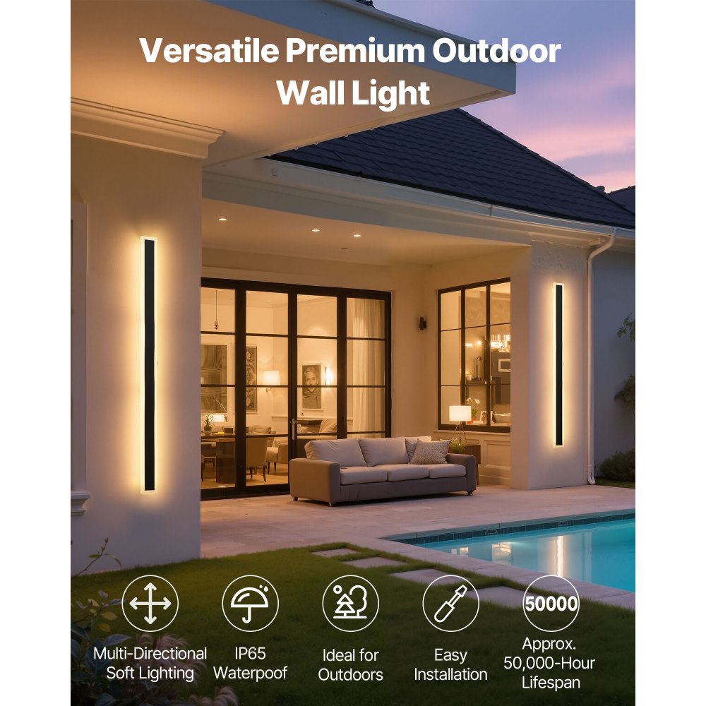 VEVOR Outdoor Wall Lights, 2 Pack, 1200 mm Long Strip Modern Exterior Wall Sconce Light Fixtures, 3000K Warm White, IP65 Waterproof Anti-Rust Outside Wall Mount Lighting, for House, Porch, Garage