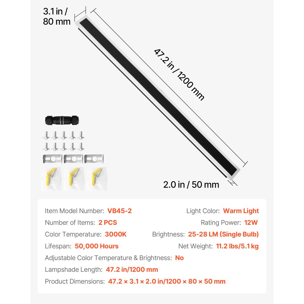 VEVOR Outdoor Wall Lights, 2 Pack, 1200 mm Long Strip Modern Exterior Wall Sconce Light Fixtures, 3000K Warm White, IP65 Waterproof Anti-Rust Outside Wall Mount Lighting, for House, Porch, Garage