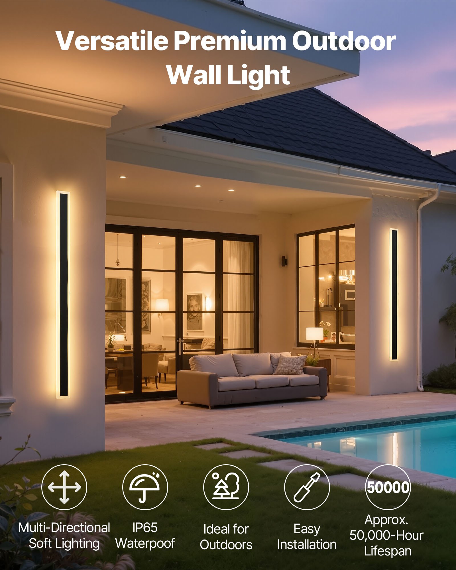 VEVOR Outdoor Wall Lights, 2 Pack, 1200 mm Long Strip Modern Exterior Wall Sconce Light Fixtures, 3000K Warm White, IP65 Waterproof Anti-Rust Outside Wall Mount Lighting, for House, Porch, Garage