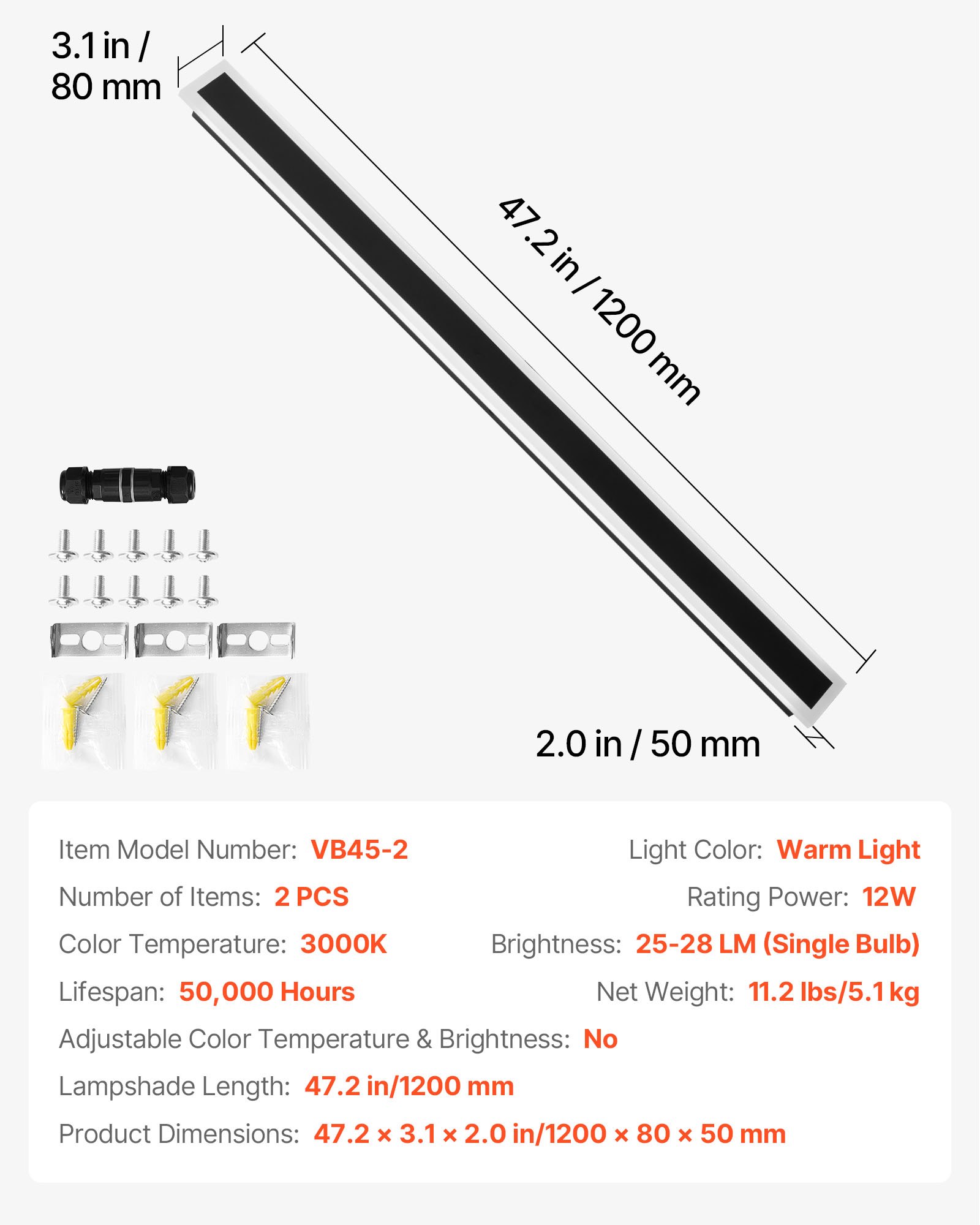 VEVOR Outdoor Wall Lights, 2 Pack, 1200 mm Long Strip Modern Exterior Wall Sconce Light Fixtures, 3000K Warm White, IP65 Waterproof Anti-Rust Outside Wall Mount Lighting, for House, Porch, Garage