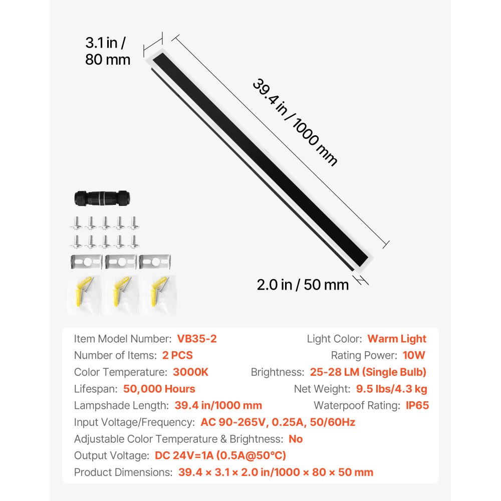 VEVOR Outdoor Wall Lights, 2 Pack, 1000 mm Long Strip Modern Exterior Wall Sconce Light Fixtures, 3000K Warm White, IP65 Waterproof Anti-Rust Outside Wall Mount Lighting, for House, Porch, Garage