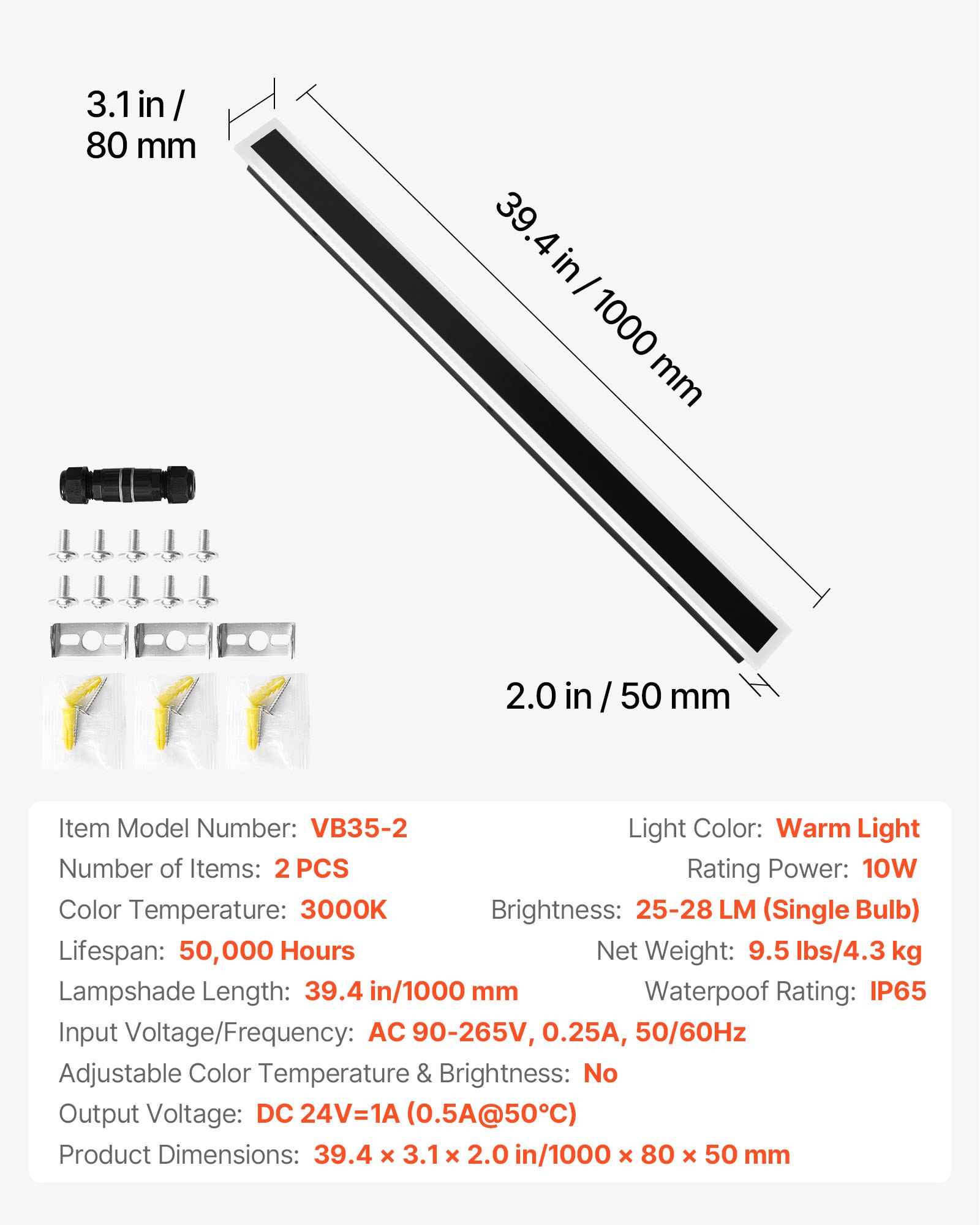 VEVOR Outdoor Wall Lights, 2 Pack, 1000 mm Long Strip Modern Exterior Wall Sconce Light Fixtures, 3000K Warm White, IP65 Waterproof Anti-Rust Outside Wall Mount Lighting, for House, Porch, Garage