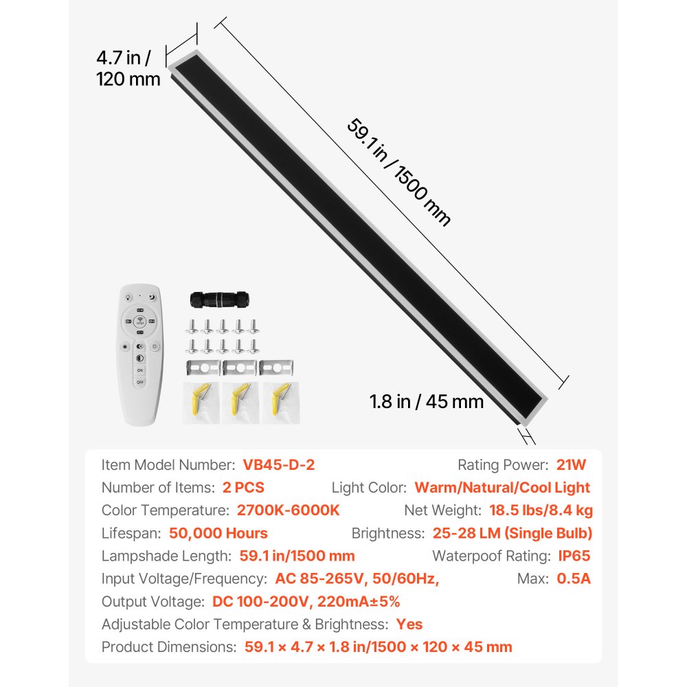 VEVOR Outdoor Wall Lights, 2 Pack, 1500 mm Long Strip Modern Exterior Wall Sconce Light Fixtures, 2700K-6000K, IP65 Waterproof Anti-Rust, Dimmable Outside Wall Mount Lighting, for House Porch Garage