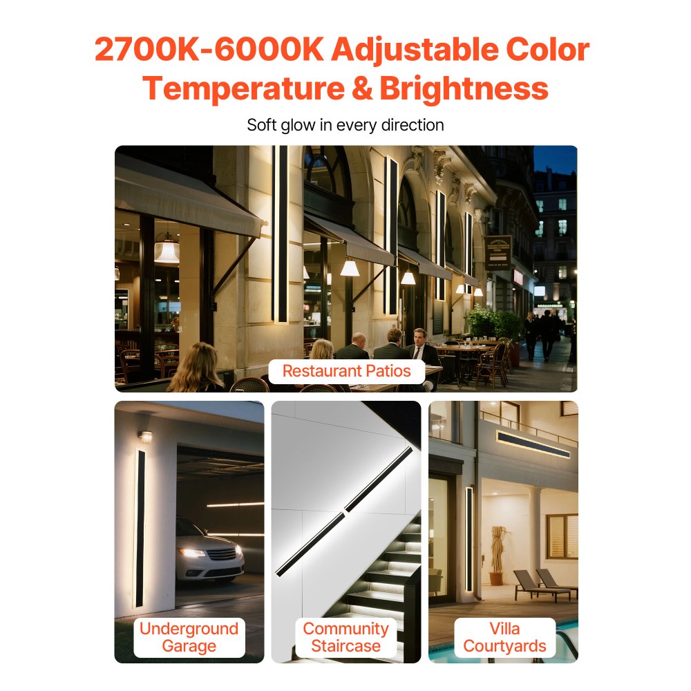 VEVOR Outdoor Wall Lights, 2 Pack, 59.1 Inch Long Strip Modern Exterior Wall Sconce Light Fixtures, 2700K-6000K, IP65 Waterproof Anti-Rust, Dimmable Outside Wall Mount Lighting, for House Porch Garage
