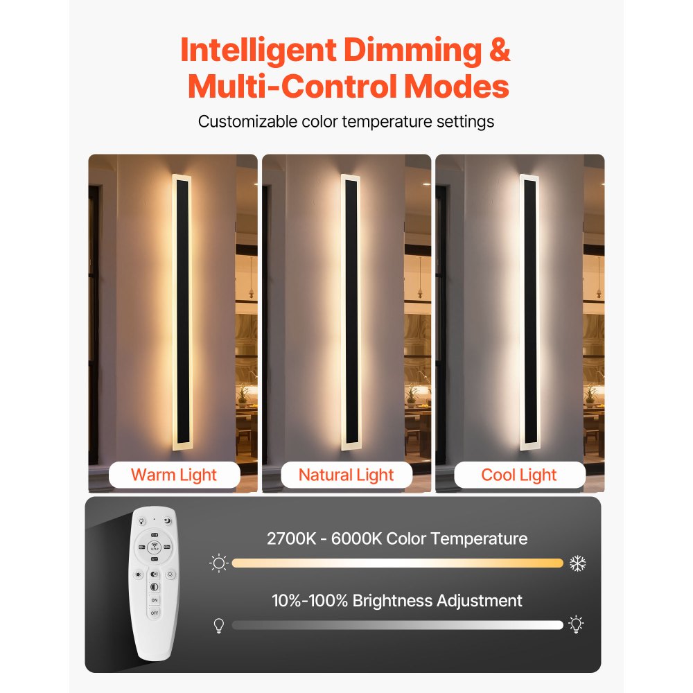 VEVOR Outdoor Wall Lights, 2 Pack, 1500 mm Long Strip Modern Exterior Wall Sconce Light Fixtures, 2700K-6000K, IP65 Waterproof Anti-Rust, Dimmable Outside Wall Mount Lighting, for House Porch Garage